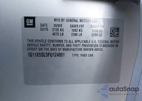 2015 Chevrolet Impala 1Fl z USA, uszkodzony, nr VIN 1G11X5SL3FU124861